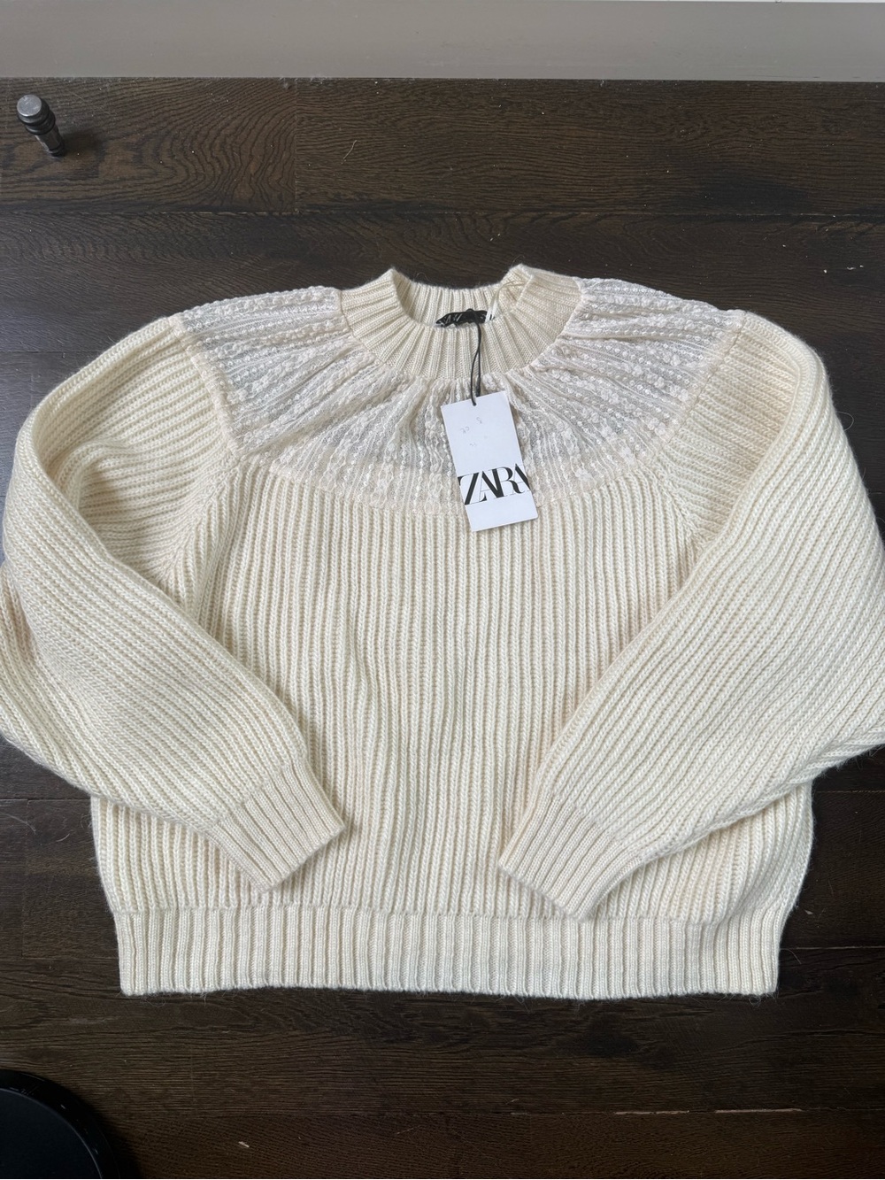 ZARA Cream Ribbed Crewneck Sweater with Textured Yoke